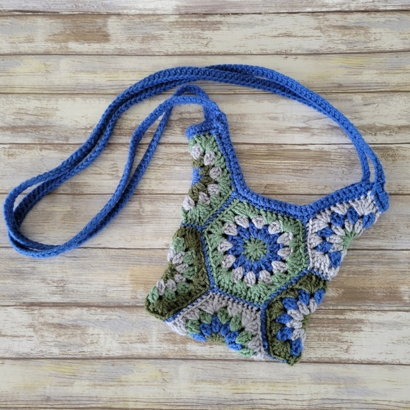 Handbags - Handmade Crochet Granny Square Hexagon Crossbody Shoulder Bag Blue Green Gray